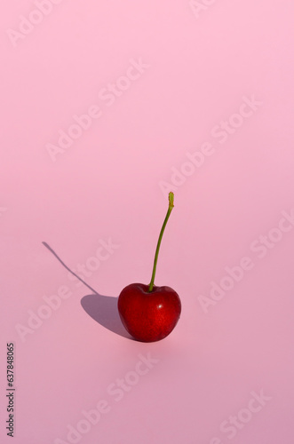 Sweet cherry on a pink background with shadows. Minimalistic photo on a plain background.