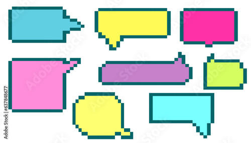 Pixelated y2k colored speech bubble. Geometric text pixel dialog boxes.