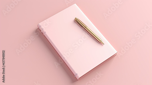 cuaderno rosa con bolígrafo dorado sobre el, con fondo rosa, ilustracion de ia generativa photo