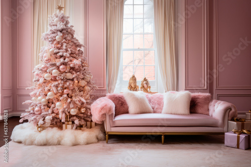 Salon lujoso rosa pastel,decorado con arbol de navidad rosa. ilustracion de ia generativa