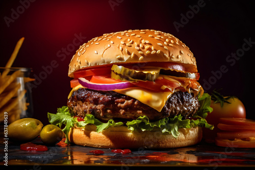 Tasty beef burger with french fries on wooden table