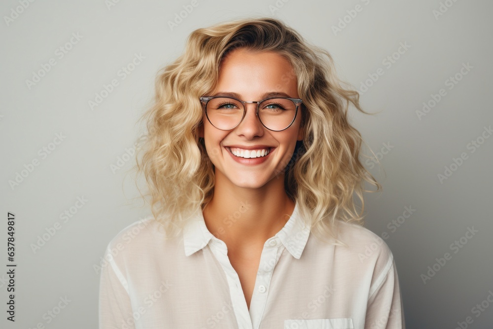 happy smiling blonde haired female wearing glasses on plain background for presentation happy smiling blonde haired female wearing glasses on plain background for presentation