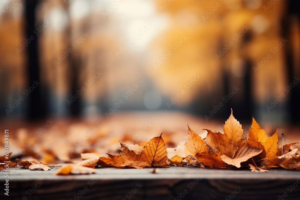 Autumn background. Wooden backdrop with yellow leaves and blurred autumn park in the background. AI Generative