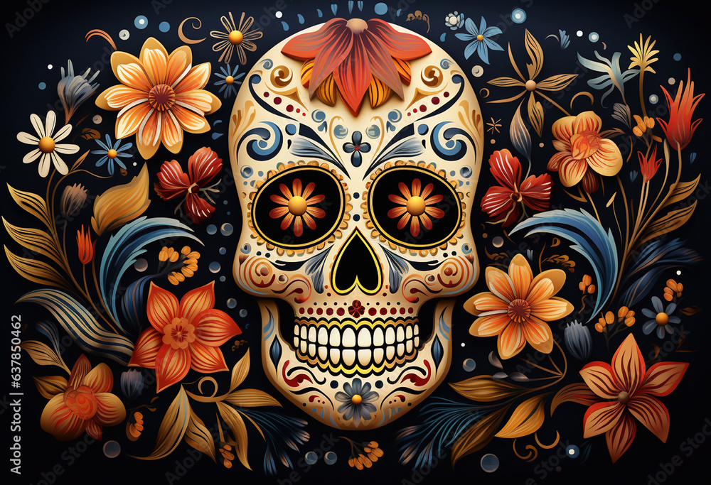 Skull in Flowers, Card for Mexican Celebration Cinco de Mayo. Day of the Dead in Mexico. AI