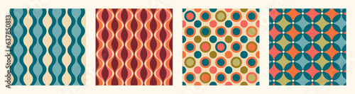 Set of Aesthetic mid century printable seamless pattern with retro design. Decorative 50`s, 60's, 70's style Vintage modern background in minimalist mid century style for fabric, wallpaper