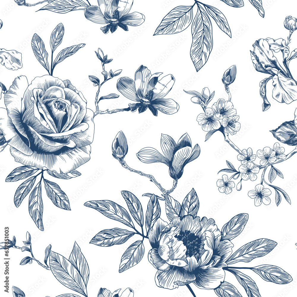 Abstract modern floral seamless pattern with hand drawn flower in Toile de jouy style. Retro elegance repeat print. Vintage design for fabric, wallpaper wrapping