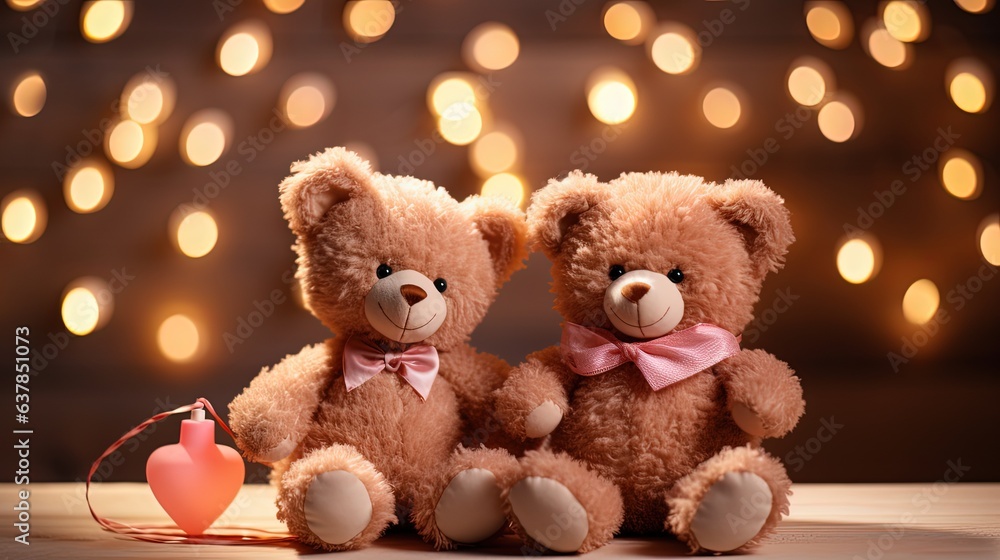 close up two teddy bear sitting together with bokeh light, Generative Ai close up two teddy bear sitting together with bokeh light, Generative Ai