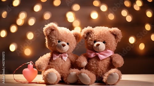 close up two teddy bear sitting together with bokeh light, Generative Ai