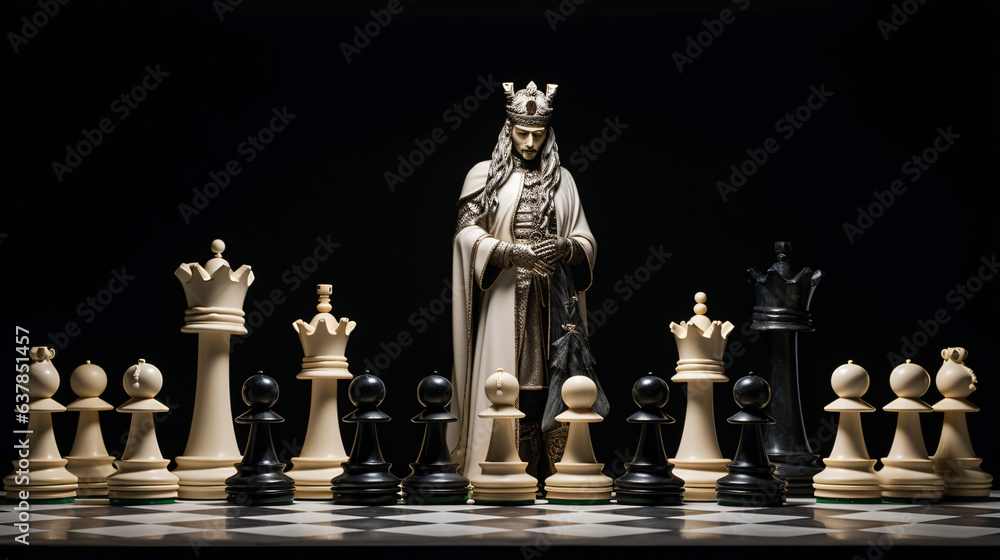 Standing white chess pieces and lying black king on black background