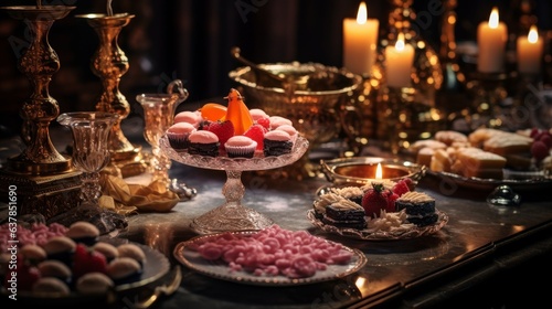 Delicious sweets served on a table of luxurious interior