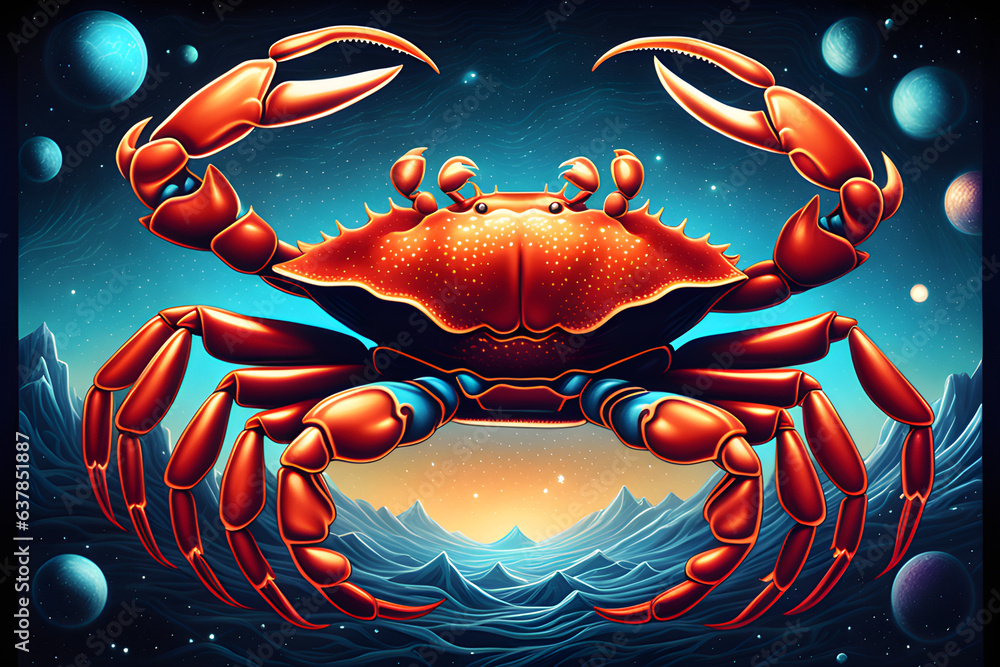 red crab on other planet's blue sky - obrazy, fototapety, plakaty 