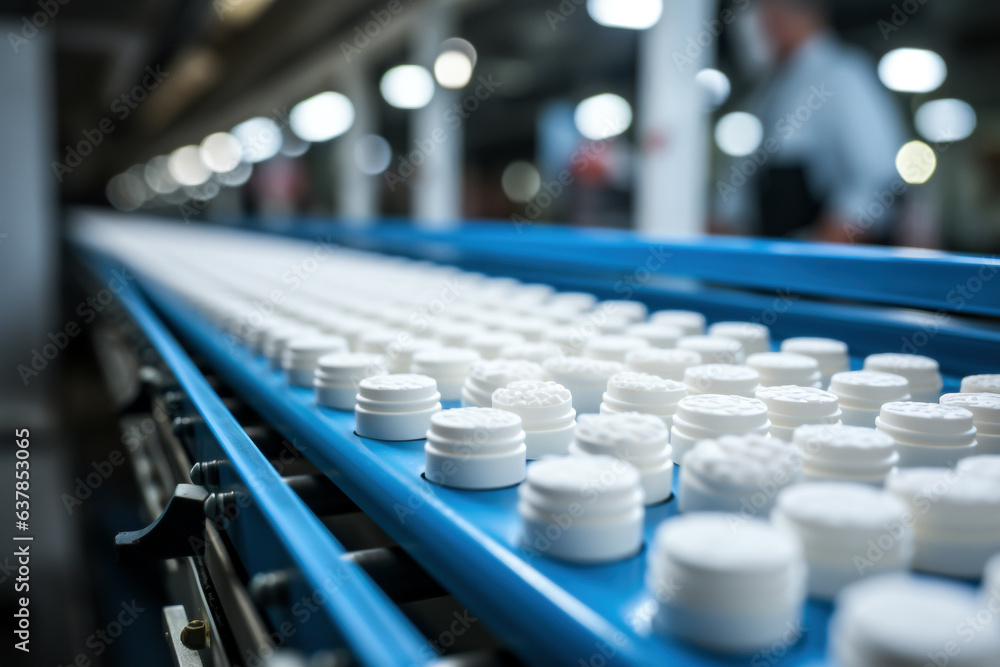 Fototapeta premium Pills on conveyor in pharmaceutical factory