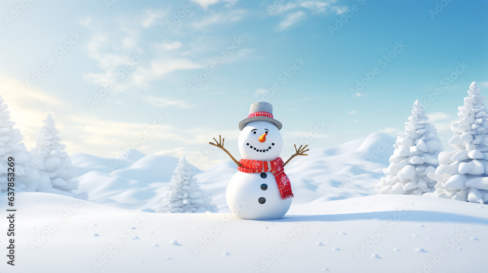 snowman wearing a hat with trees in background.  on snowy scenery in the winter christmas season