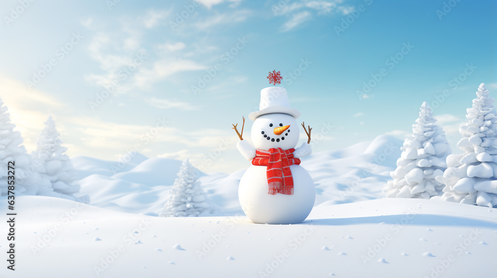 Obraz premium snowman wearing a hat with trees in background. on snowy scenery in the winter christmas season