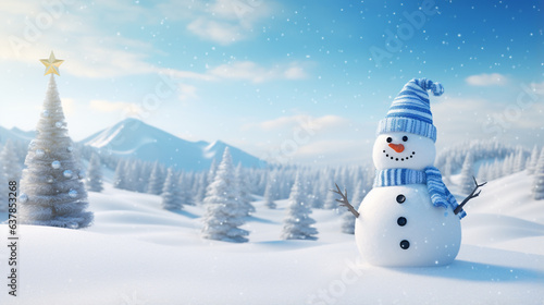 snowman wearing a hat with trees in background.  on snowy scenery in the winter christmas season © Tkz26 Graphics