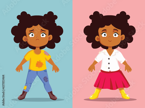 
Little Girl Wearing Old versus New Clothes Vector Cartoon illustration. Opposite adjectives explanation card for educational purposes 

