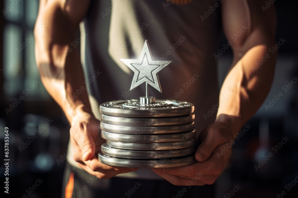 A bodybuilder holds dumbbell disks in the shape of a Christmas tree or a birthday cake. Christmas or birthday card concept