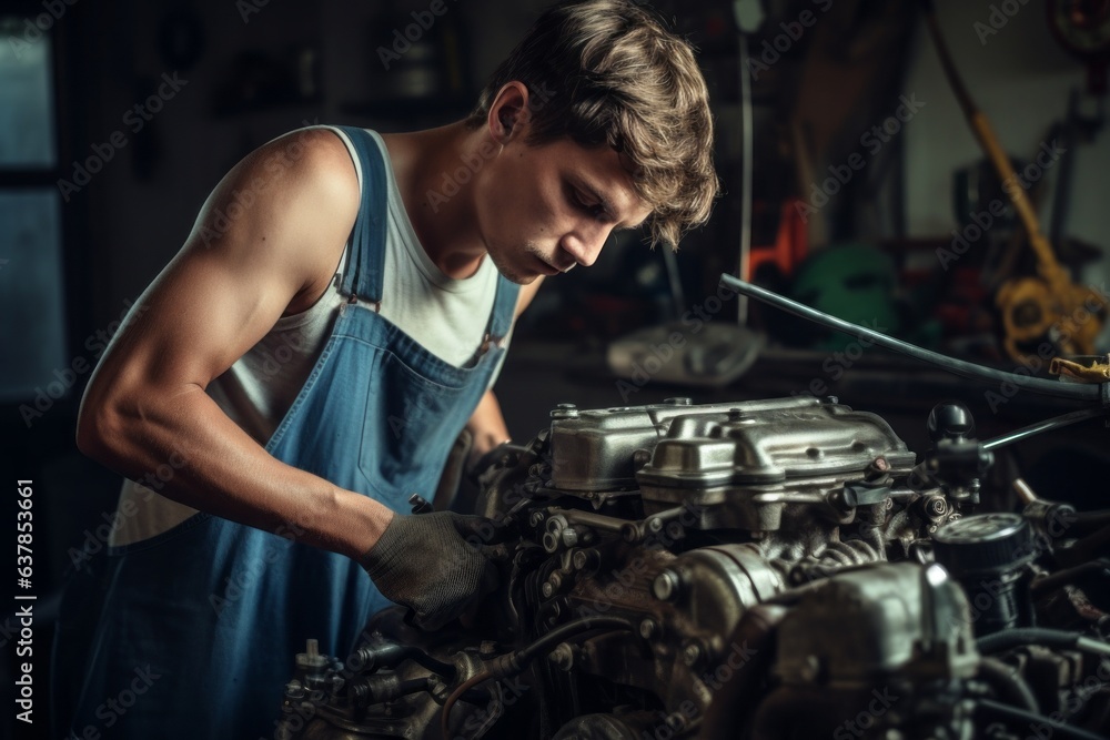 Man repairs a car in his garage. Man repairs a car in his garage.
