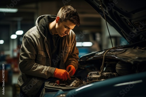 Man repairs a car in his garage.