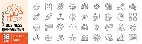 Business Management editable stroke outline Icons set. Business, teamwork, management, leadership, governance, marketing, planning and training. Vector illustration