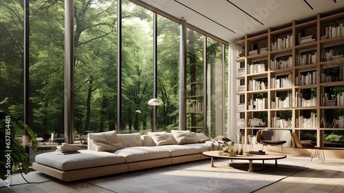 Modern livingroom interior composition. Big windows with landscape view.