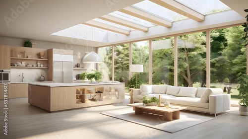 Modern livingroom interior composition. Big windows with landscape view. © Alex Bur