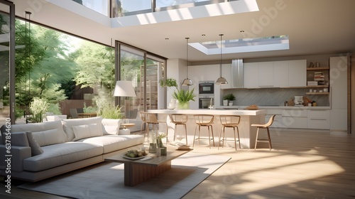 Modern livingroom interior composition. Big windows with landscape view. © Alex Bur