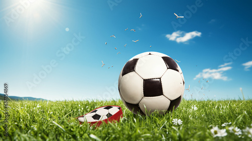 Soccer ball with a band aid on green grass field