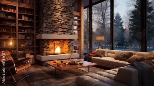 Spacious cozy living room with big windows and fireplace photo