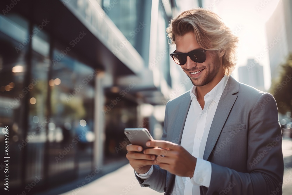 A smiling businessman in fashion clothes using a smartphone, commuting to work in the city. A smiling businessman in fashion clothes using a smartphone, commuting to work in the city.