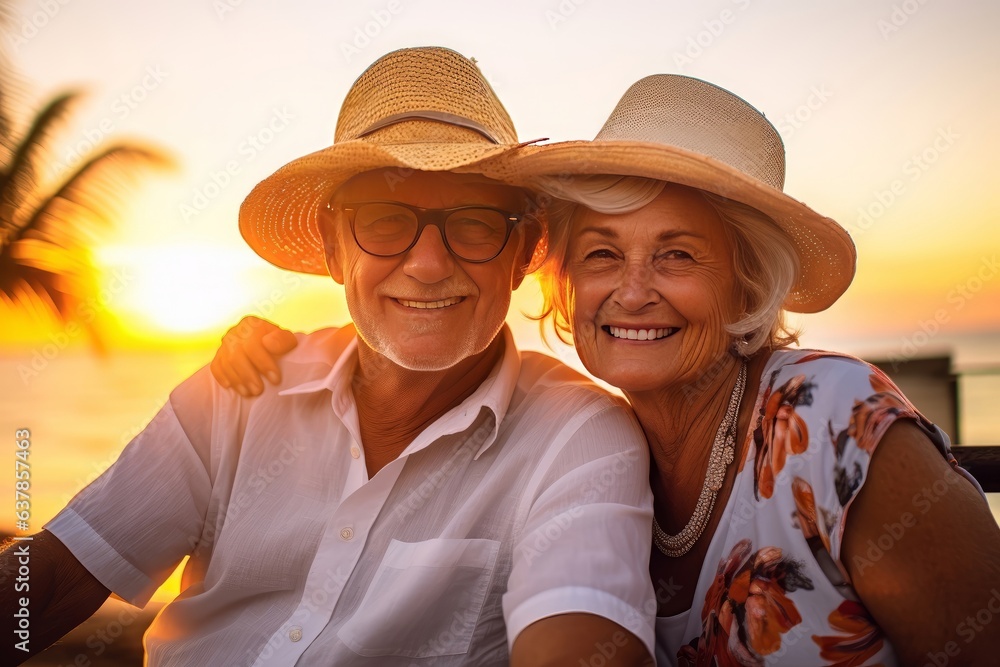 Portrait of 2 Happy seniors enjoying their golden years of retirement with a beach sunset.