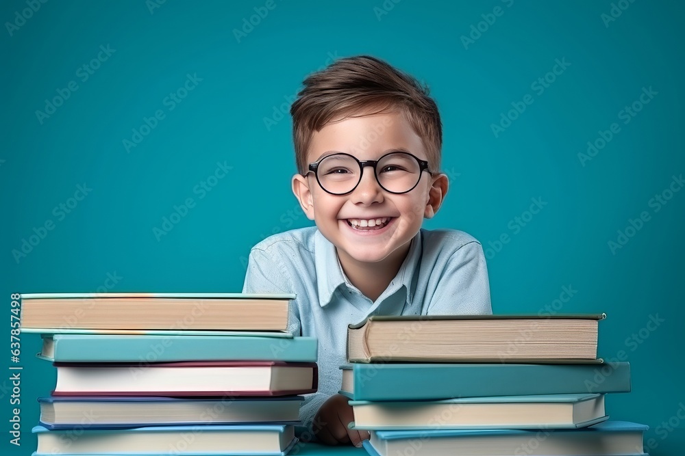portrait of a happy child little boy with glasses sitting on a stack of books and reading a books, light blue background.