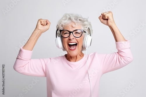 portrait a happy senior woman in wireless headphones dancing, singing in white background .