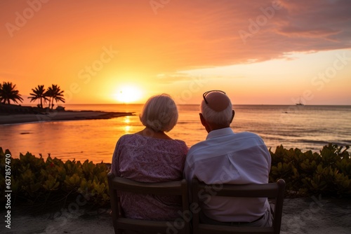 Portrait of 2 Happy seniors enjoying their golden years of retirement with a beach sunset. © AI_images