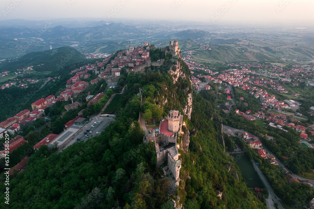 San Marino cityscape, Guaita fortress  on the top of Mount Titano rock Republic of San Marino