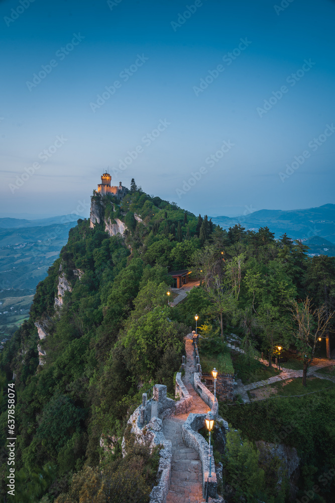San Marino cityscape, Guaita fortress  on the top of Mount Titano rock Republic of San Marino