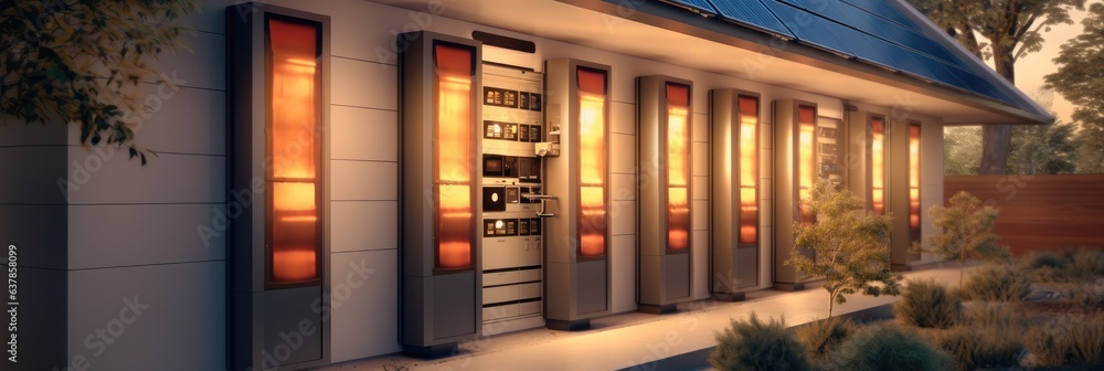 Energy storage system on the wall of a house, Backup or sustainable energy concepts.