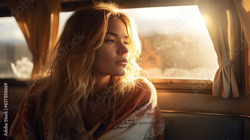 Pensive woman looking outside the window inside a camper van with nostalgia and romantic feeling