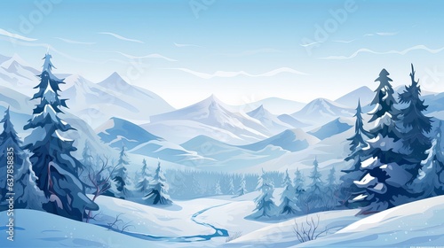 Vector illustration Winter Mountains landscape with pines and hills