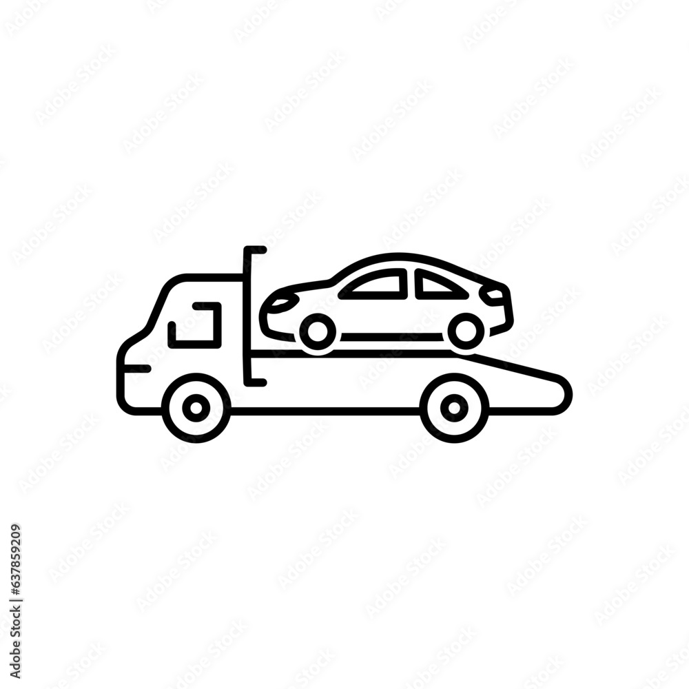 Car tow icon, tow away zone concept, no parking any time, thin line symbol on white background.