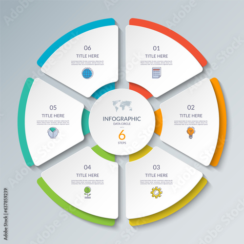 Vector infographic circle. Cycle diagram with 6 steps. Round chart that can be used for report, business analytics, data visualization and presentation.