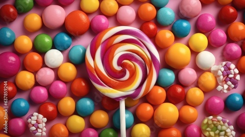 Colorful lollipops and different colored round candy background.