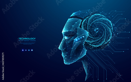 Photo Abstract head of the humanoid robot android in futuristic low poly wireframe style consists of glowing dots and thin lines