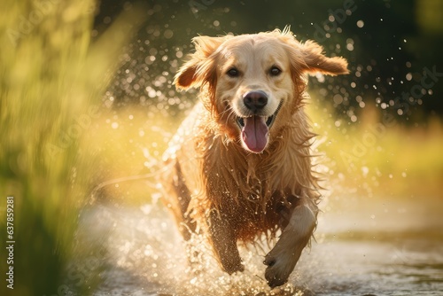 happy golden retriever dog running through splasing water
