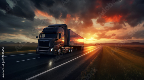 Truck driving on the asphalt road in rural landscape