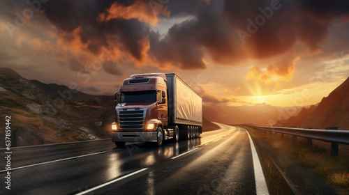 Truck driving on the asphalt road in rural landscape