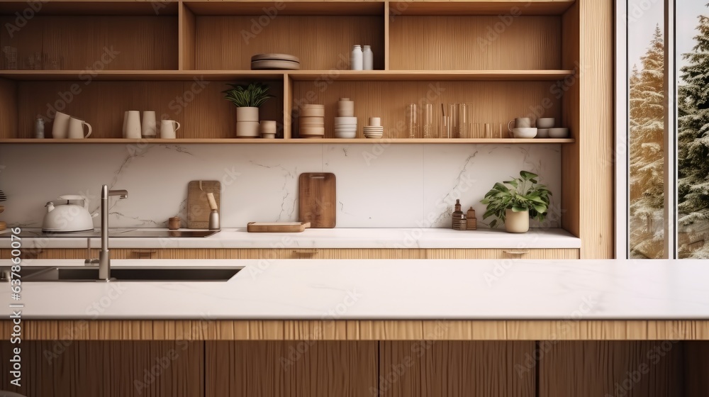 Cozy kitchen interior with bar countertop and wooden shelves near window at modern house. Cozy kitchen interior with bar countertop and wooden shelves near window at modern house.