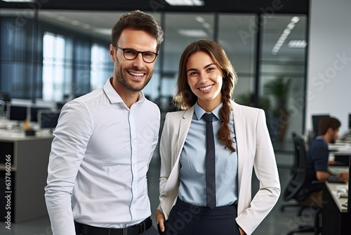 Executives, Businesswomen, and Businessmen Form a Harmonious Team in the Office, Radiating Success Through Their Confident Smiles and Expert Collaboration