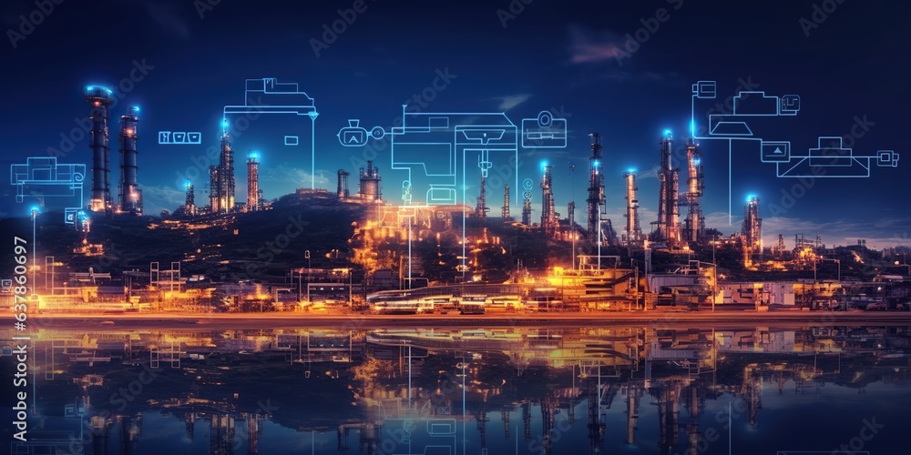 Industry 4.0 concept Oil refinery Industrial plant concept uses robot system and icon system. - obrazy, fototapety, plakaty 