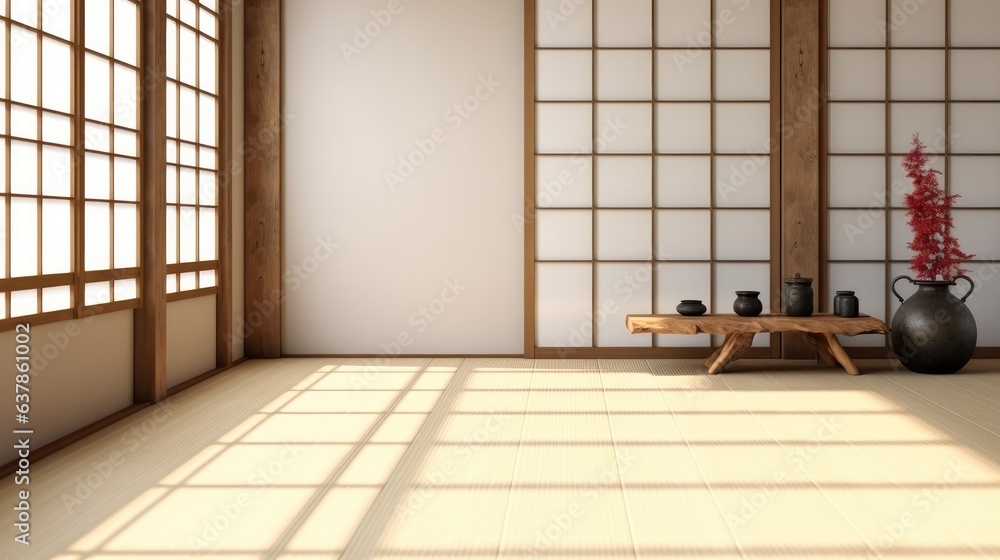 Empty Japanese style room with wood shoji window in sunlight, East Asian interior design decoration. Empty Japanese style room with wood shoji window in sunlight, East Asian interior design decoration.